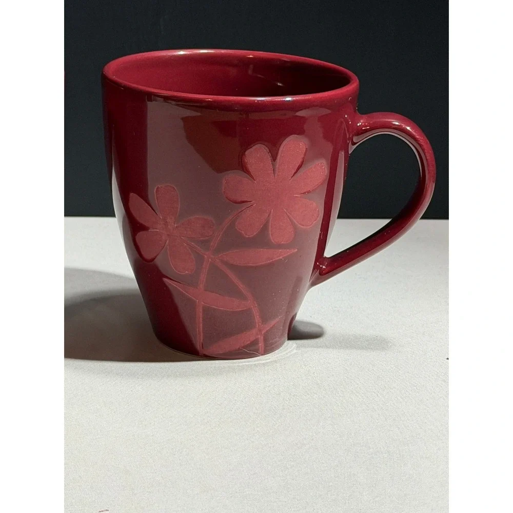 Pier 1 Red Floral Embossed Stoneware Coffee Mugs Set of 2 Deep Red Burgundy